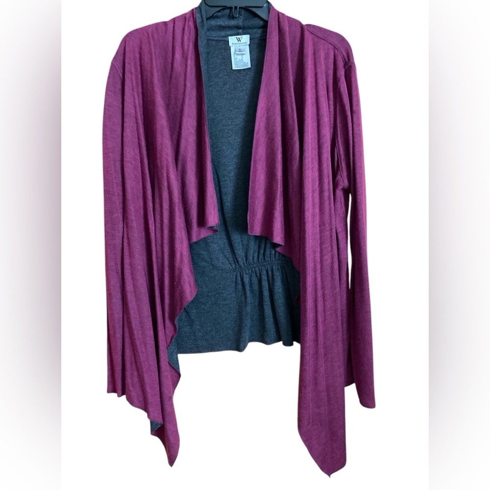 Worthington gray purple open waterfall cardigan shark bite hem XL